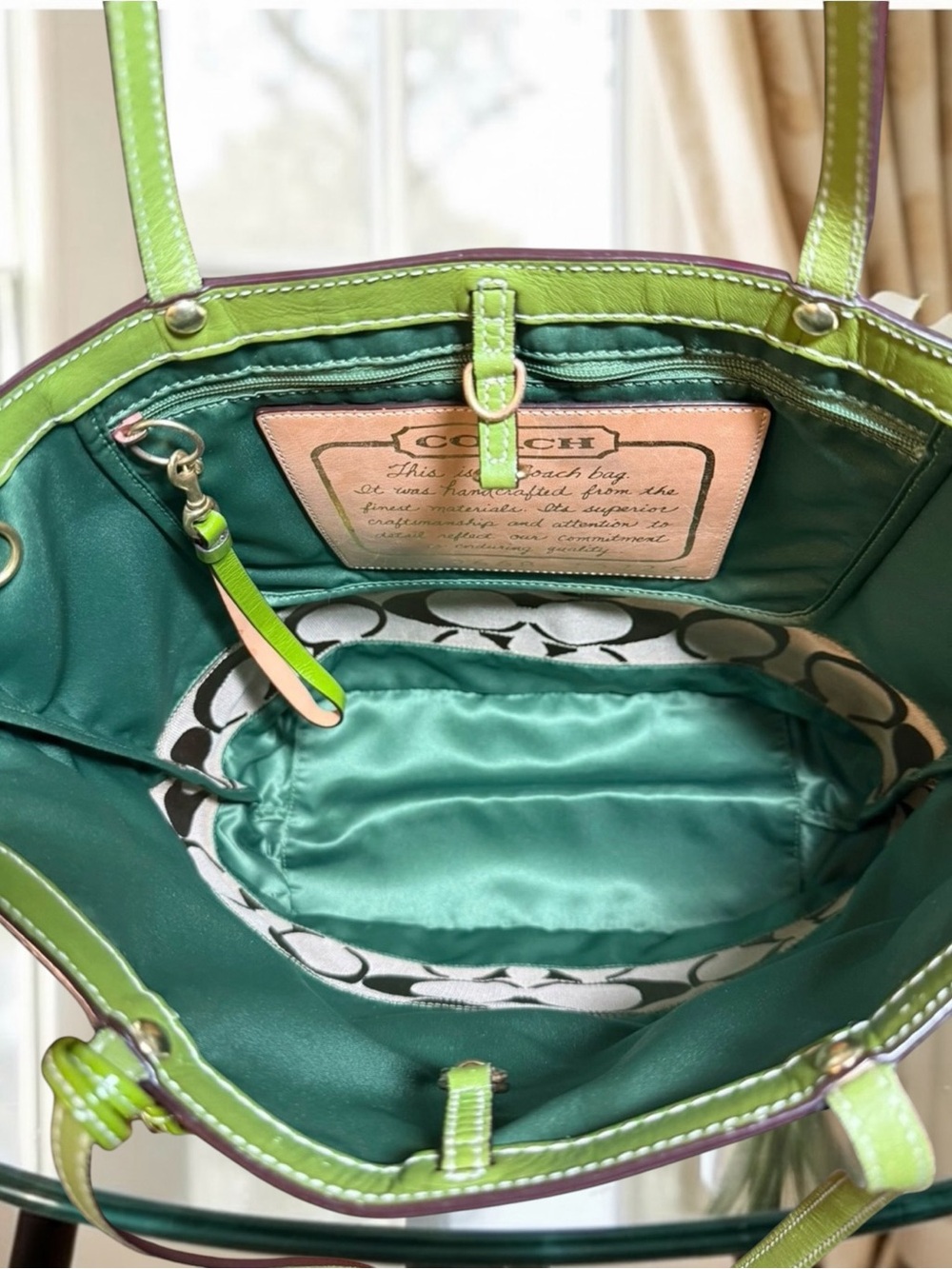 Coach VINTAGE Signature Stripe Tote Bag Khaki & Apple… - Gem